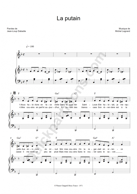 La putain Piano Sheet Music - Serge Reggiani