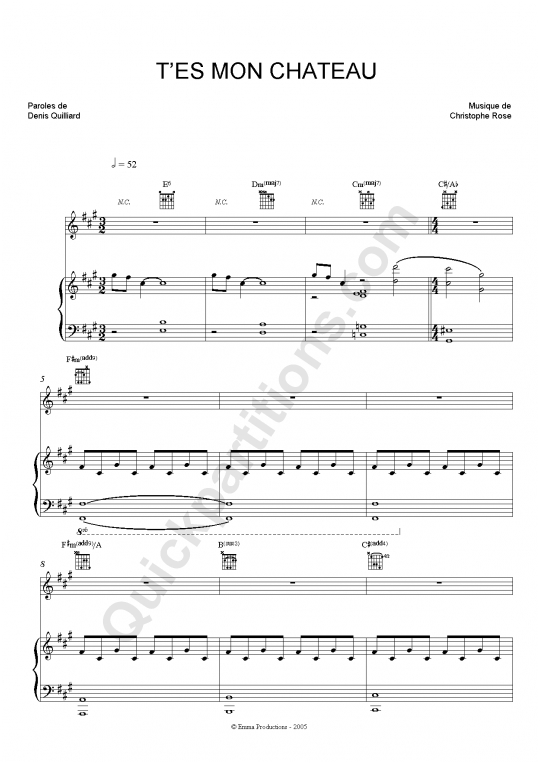 T'es Mon Château Piano Sheet Music - Jacno