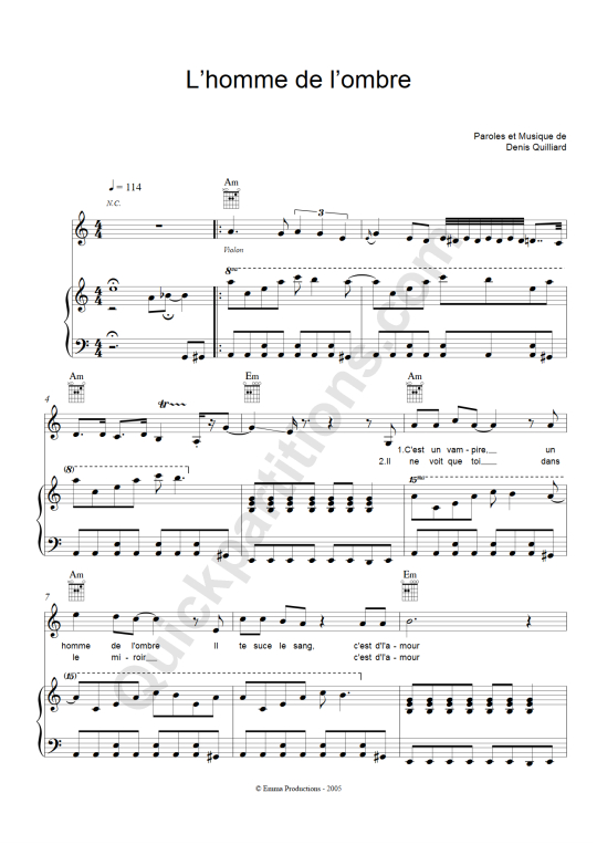 L'homme De L'ombre Piano Sheet Music - Jacno