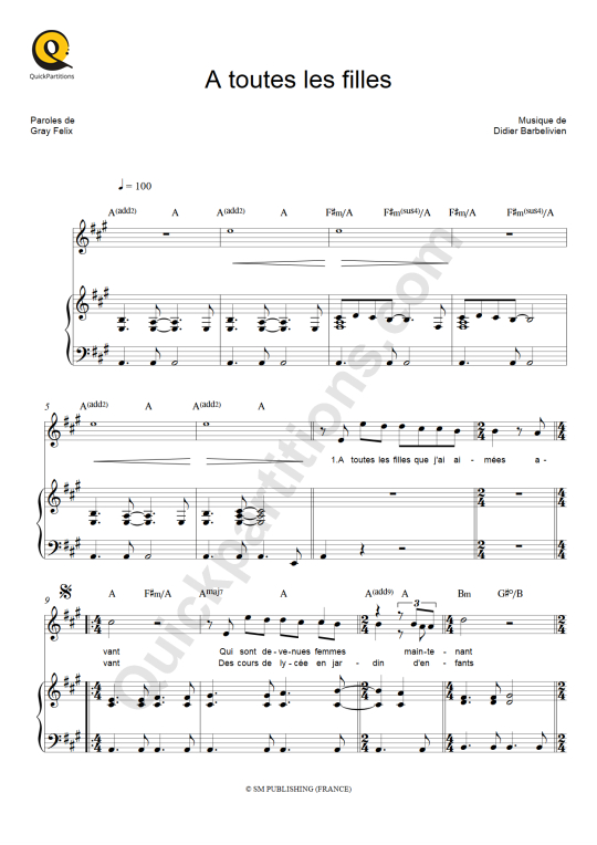 Partition piano A toutes les filles - Didier Barbelivien