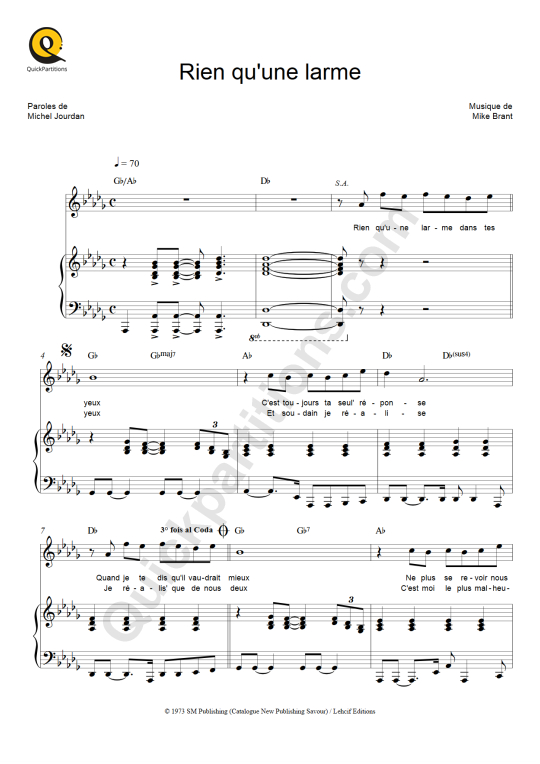 Rien qu'une larme Piano Sheet Music - Mike Brant
