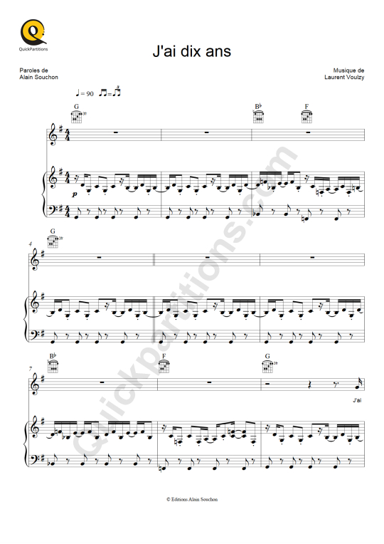 Partition piano J'ai dix ans - Alain Souchon