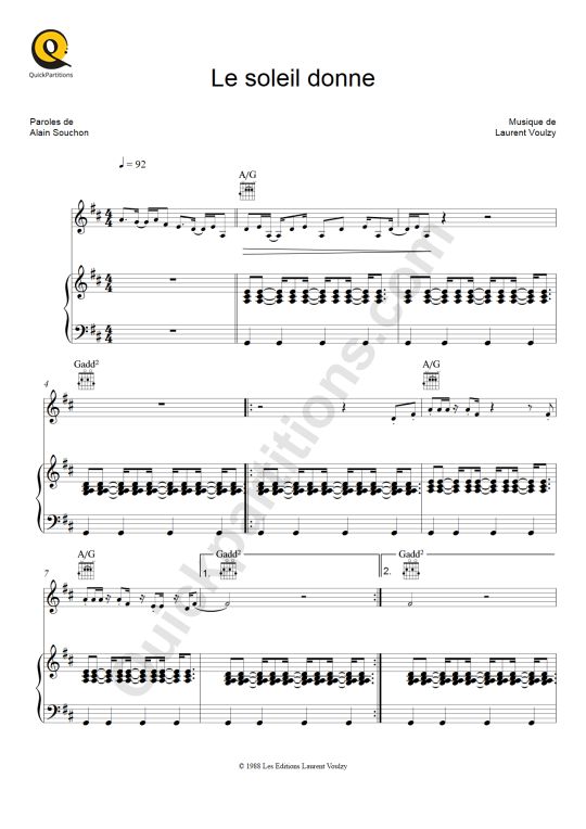 Partition piano Le soleil donne - Laurent Voulzy