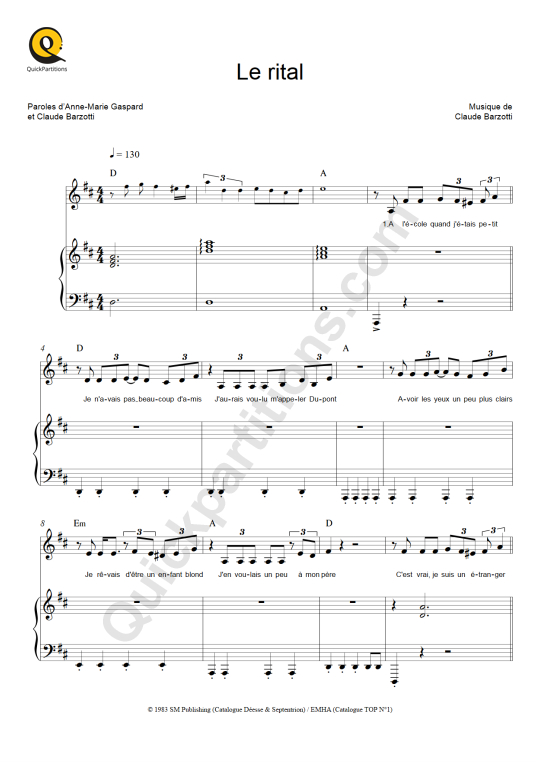 Partition piano Le rital - Claude Barzotti