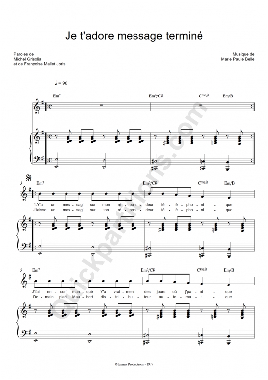 Je t'adore message terminé Piano Sheet Music - Marie-Paule Belle