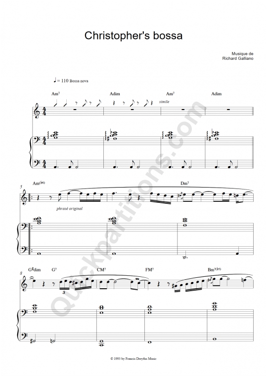 Christopher's Bossa Piano and Solo Instrument Sheet Music - Richard Galliano