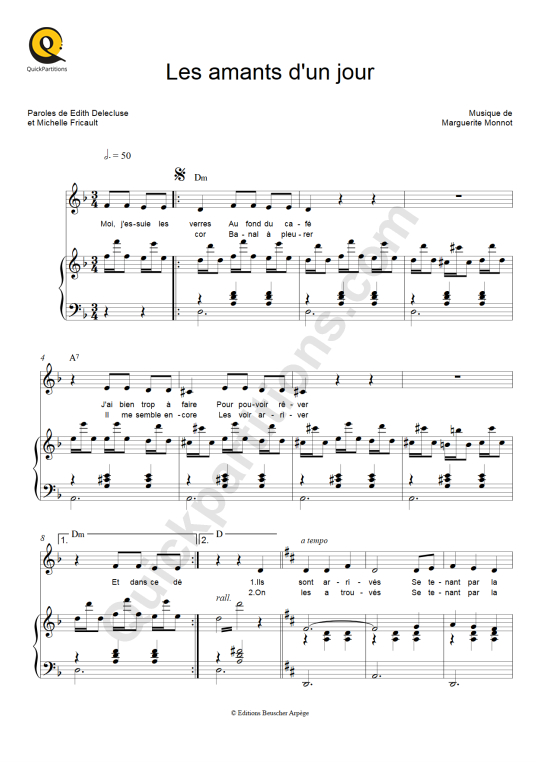 Les amants d'un jour Piano Sheet Music - Edith Piaf