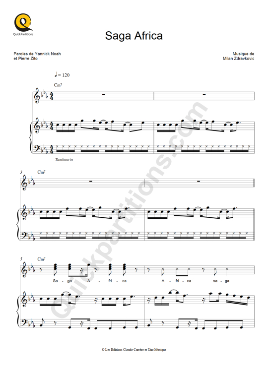 Partition piano Saga Africa - Yannick Noah