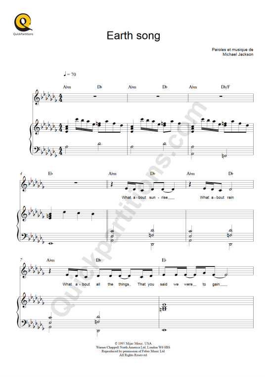 Partition piano Earth Song - Michael Jackson