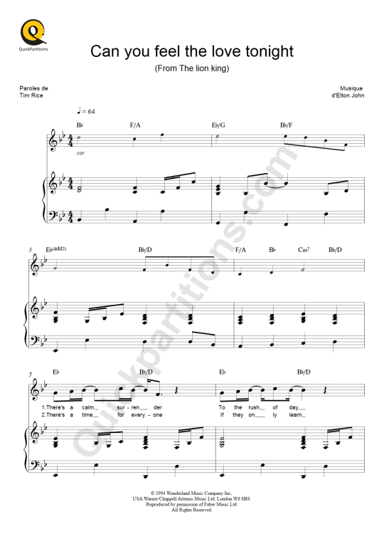 Partition piano Can you feel the love tonight - Elton John