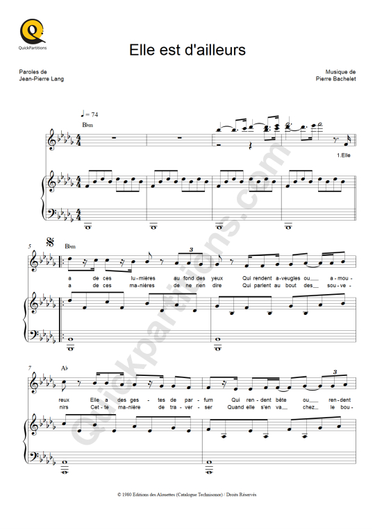 Elle est d'ailleurs Piano Sheet Music - Pierre Bachelet