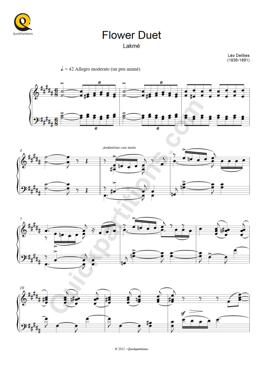 Partition piano Flower Duet (Lakmé) - Léo Delibes