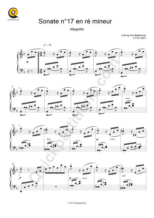 Partition piano Sonate N°17 en Ré mineur, La Tempête (Allegretto) - Ludwig Van Beethoven