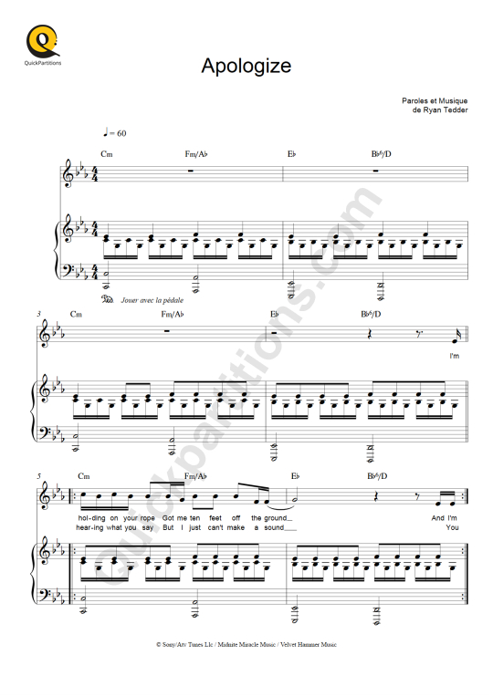 Apologize Piano Sheet Music - OneRepublic