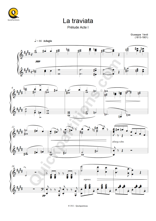 Partition piano La Traviata Prélude Acte I - Giuseppe Verdi