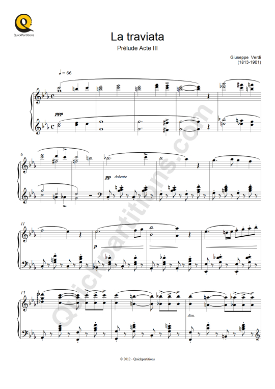 La Traviata Prélude Acte III Piano Sheet Music - Giuseppe Verdi