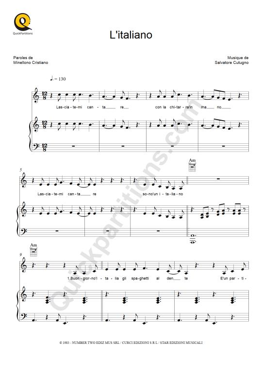 L'Italiano Piano Sheet Music - Toto Cutugno