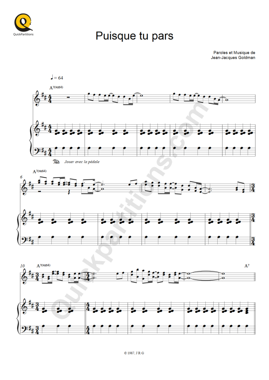 Puisque tu pars Piano Sheet Music - Jean-Jacques Goldman