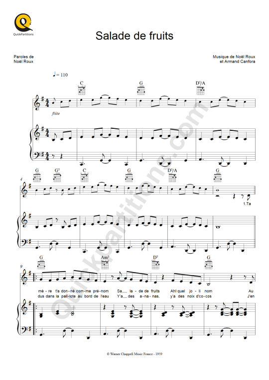 Partition piano Salade de fruits - Bourvil