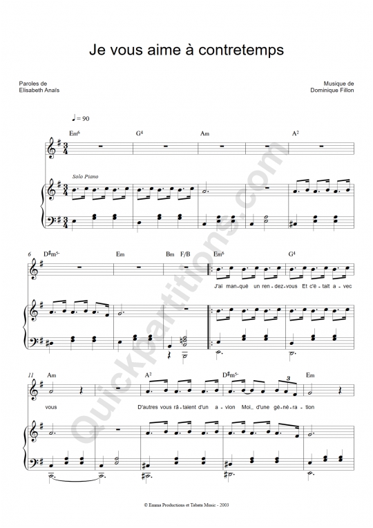 Je vous aime à contretemps Piano Sheet Music - Elisabeth Anais