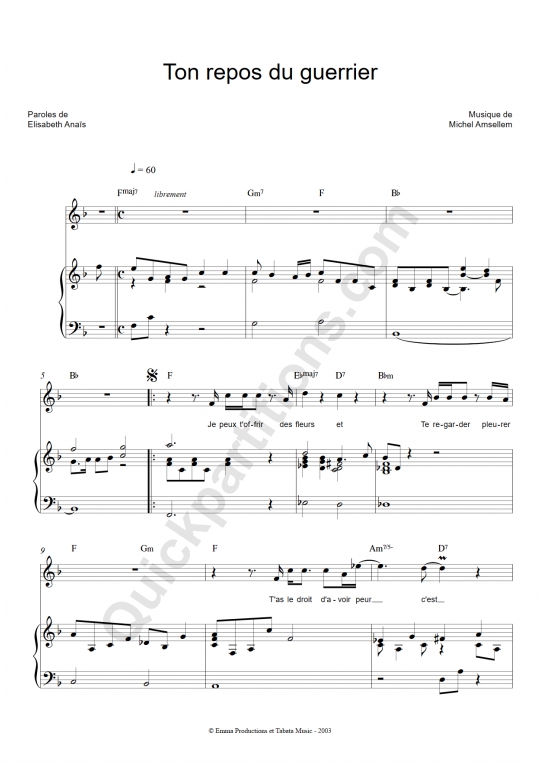 Ton repos du guerrier Piano Sheet Music - Elisabeth Anais