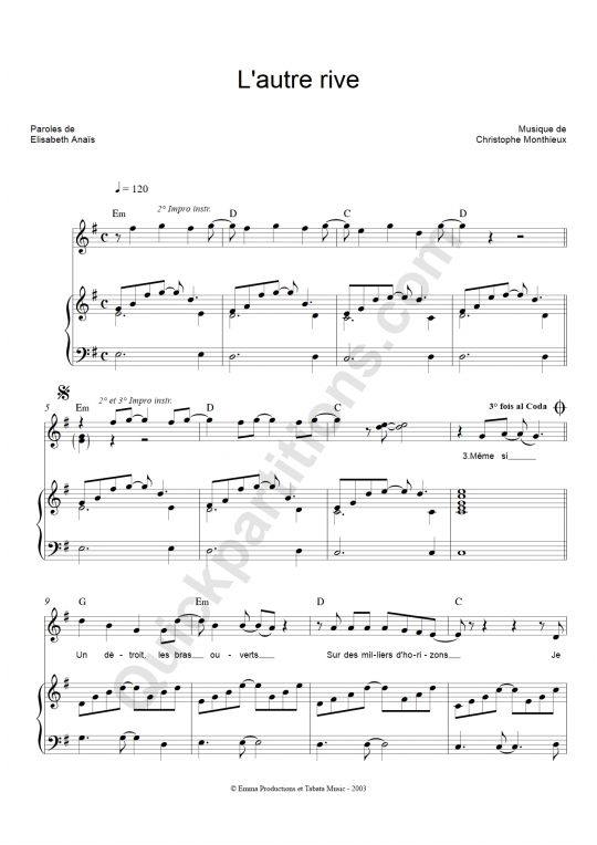 L'autre rive Piano Sheet Music from Elisabeth Anais