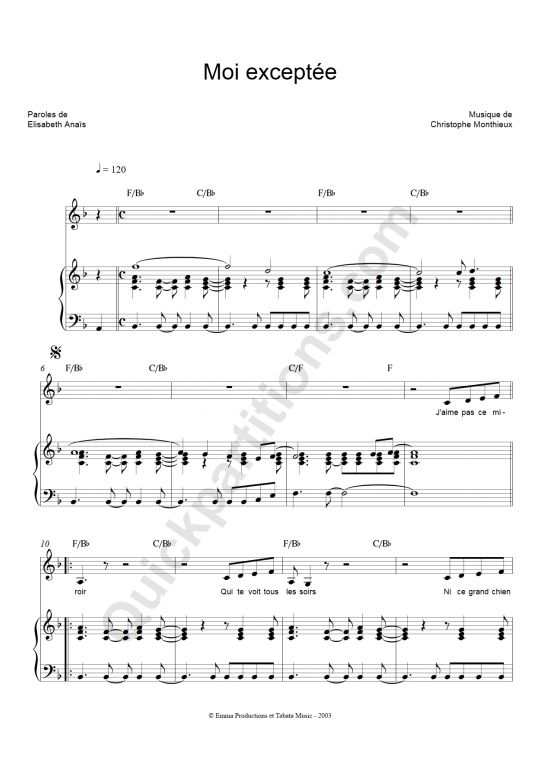 Moi exceptée Piano Sheet Music from Elisabeth Anais