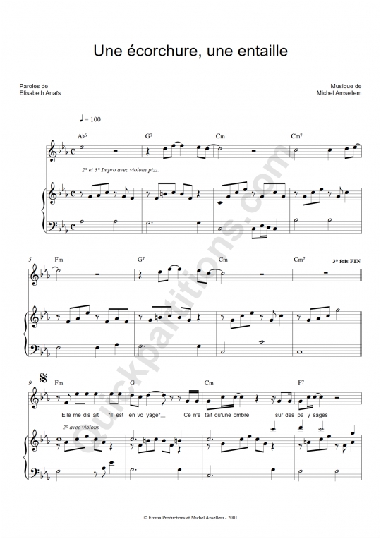 Une Ecorchure, Une Entaille Piano Sheet Music - Elisabeth Anais