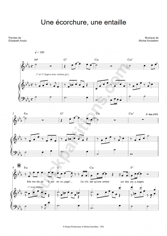 Partition piano Une Ecorchure, Une Entaille - Elisabeth Anais