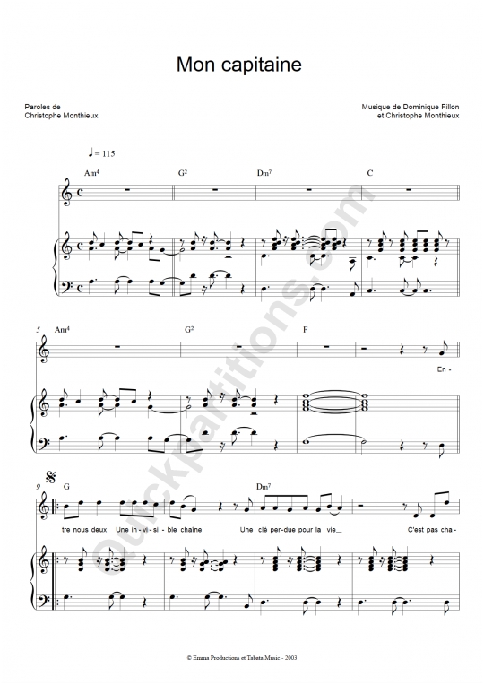 Mon capitaine Piano Sheet Music from Elisabeth Anais
