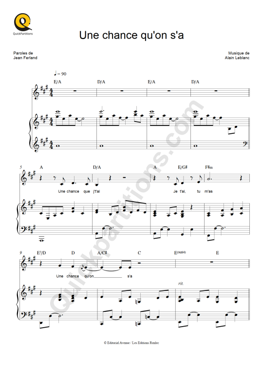 Une chance qu'on s'a Piano Sheet Music - Céline Dion