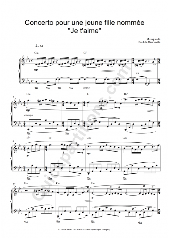 Concerto pour une jeune fille nommée Je t'aime Piano Sheet Music - Richard Clayderman