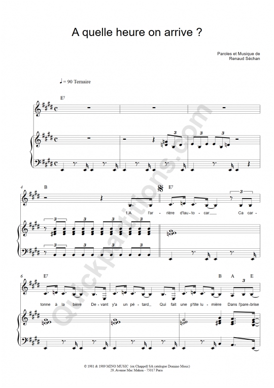 Partition piano A quelle heure on arrive - Renaud