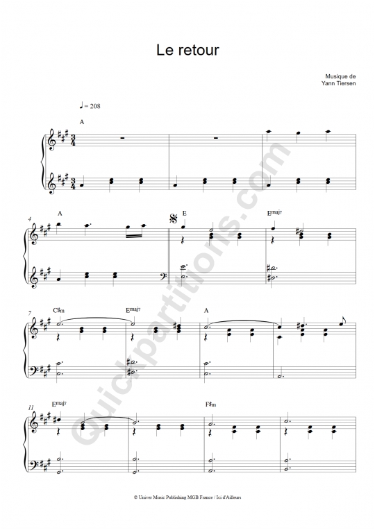 Partition piano Le retour - Yann Tiersen