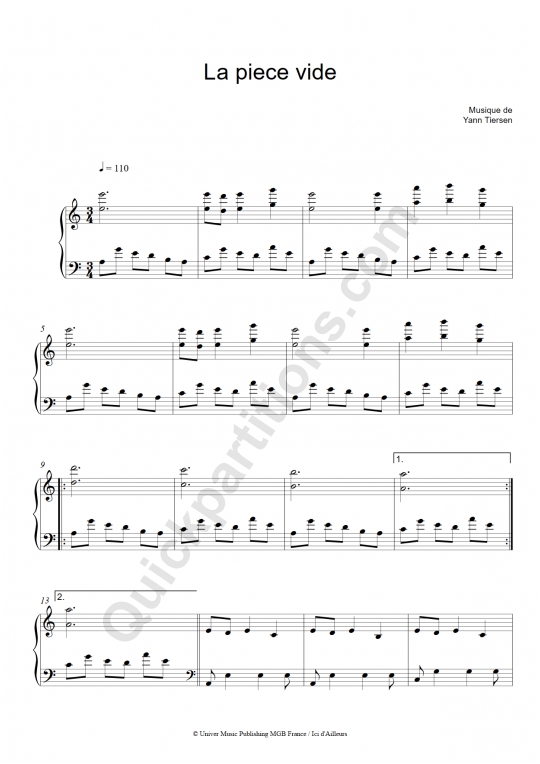 La pièce vide Piano Sheet Music - Yann Tiersen