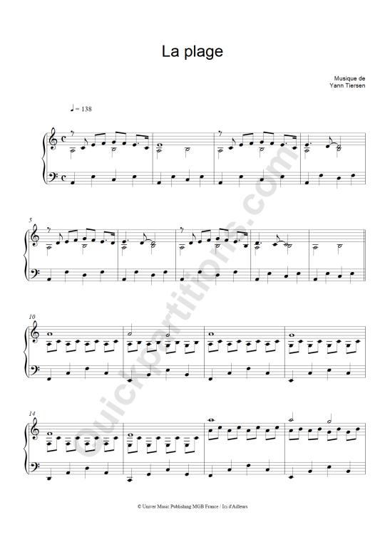 Partition piano La plage - Yann Tiersen