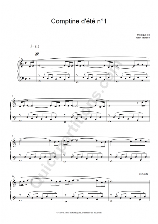 Comptine d'été n°1 Piano Sheet Music - Yann Tiersen