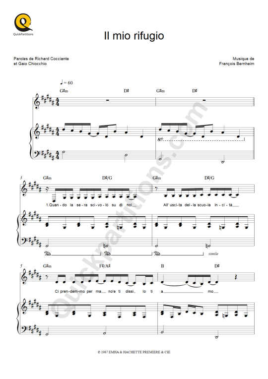 Partition piano Il mio rifugio - Richard Cocciante