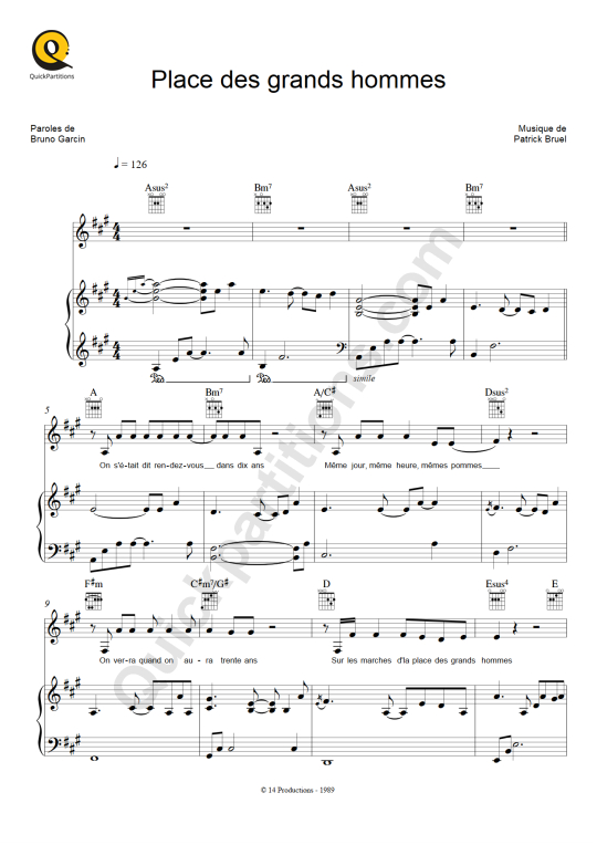 Partition piano Place des grands hommes - Patrick Bruel