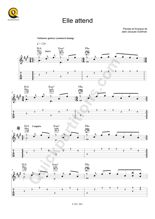 Tablature Guitare Elle attend - Jean-Jacques Goldman