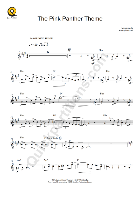 Partition saxophone ténor La Panthère Rose (The Pink Panther Theme) - Henry Mancini