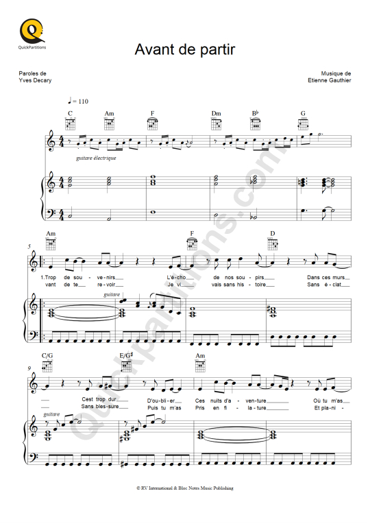 Avant de partir Piano Sheet Music - Roch Voisine