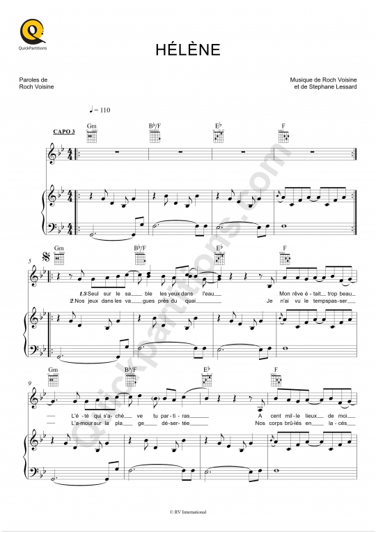 Hélène Piano Sheet Music - Roch Voisine