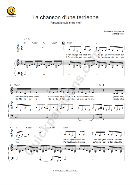 La chanson d'une terrienne (Partout je suis chez moi) Piano Sheet Music - France Gall