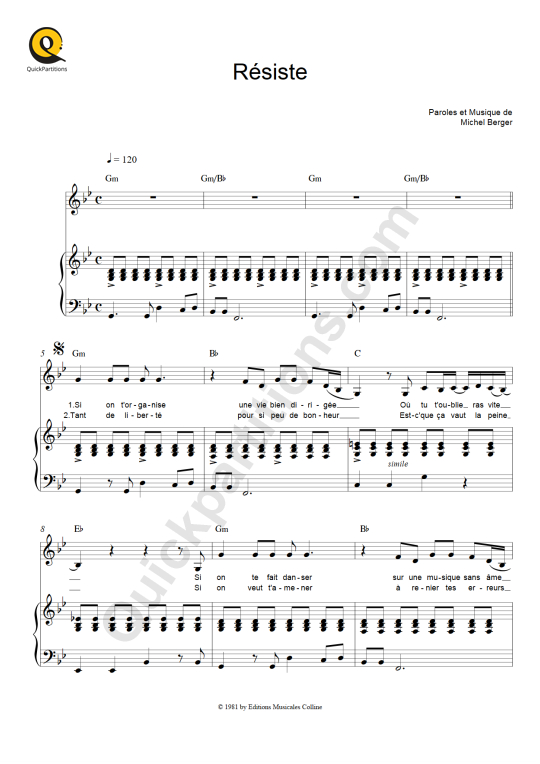 Résiste Piano Sheet Music - France Gall