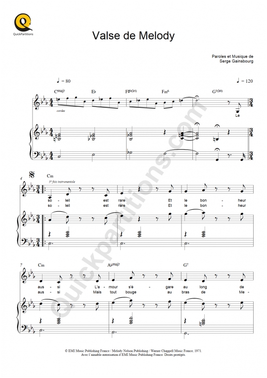 Partition piano Valse de Melody - Serge Gainsbourg