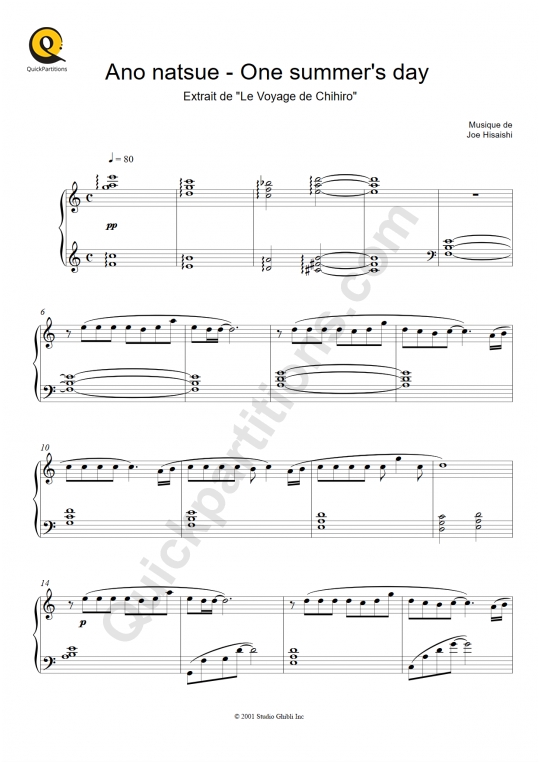 Partition piano One Summer's Day (Le Voyage de Chihiro) - Joe Hisaishi