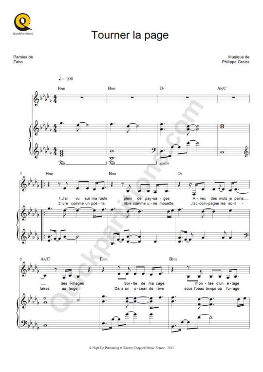 Partition piano Tourner la page - Zaho