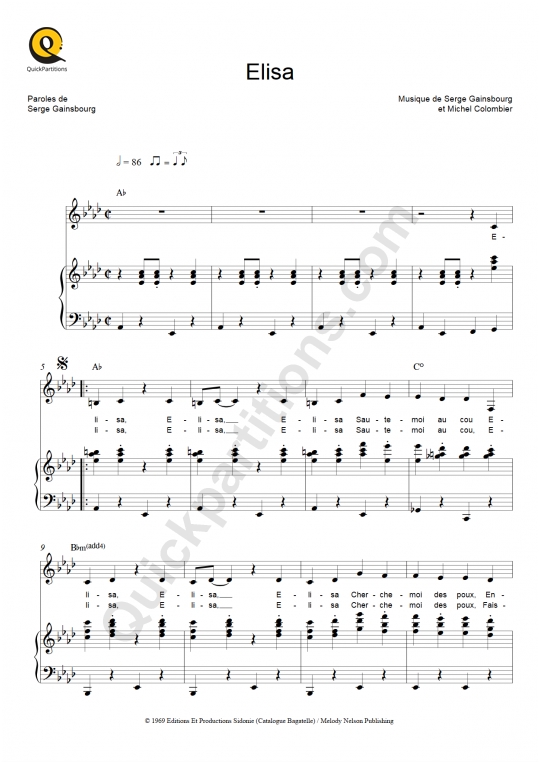 Partition piano Elisa - Serge Gainsbourg