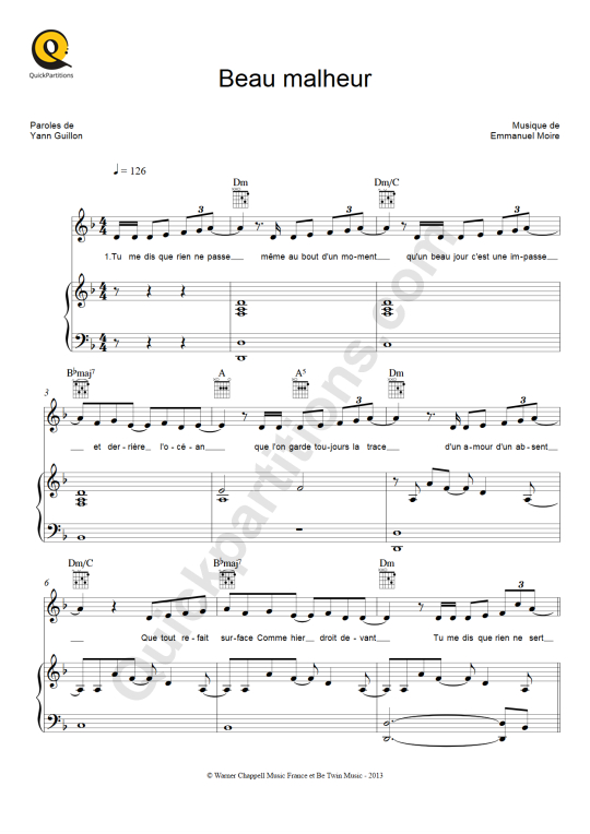 Partition piano Beau malheur - Emmanuel Moire